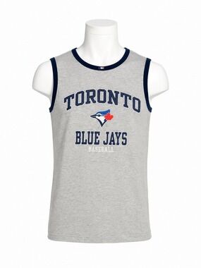 Official MLB Toronto Blue Jays Tank Top Grey Navy Blue Ringer Muscle Shirt Small